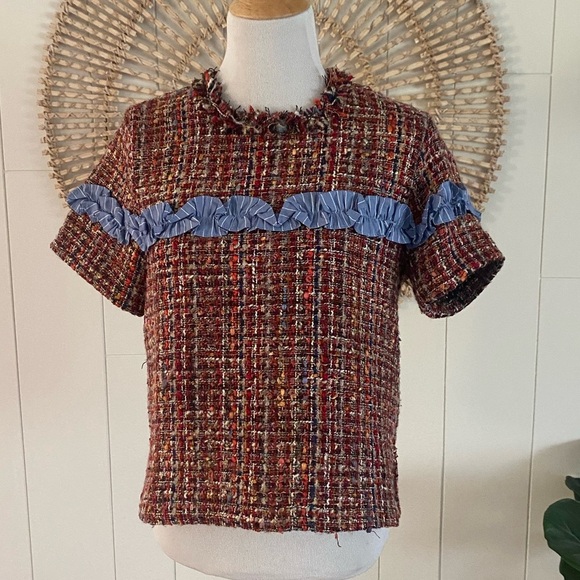 Zara Multicolor Tweed Short Sleeve Top with Blue Ruffle Accent Size Medium - Picture 2 of 8